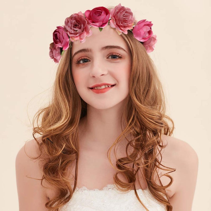 WLBON Flower Crown Headband Rose Wreath Garland Hair Bands Floral Wedding Bridal Hair Hoop Women Ladies Leaf Ribbon Party Decoration Headdress Headwear Christmas Handmade Headpiece Hair Accessories Pink - Image 2